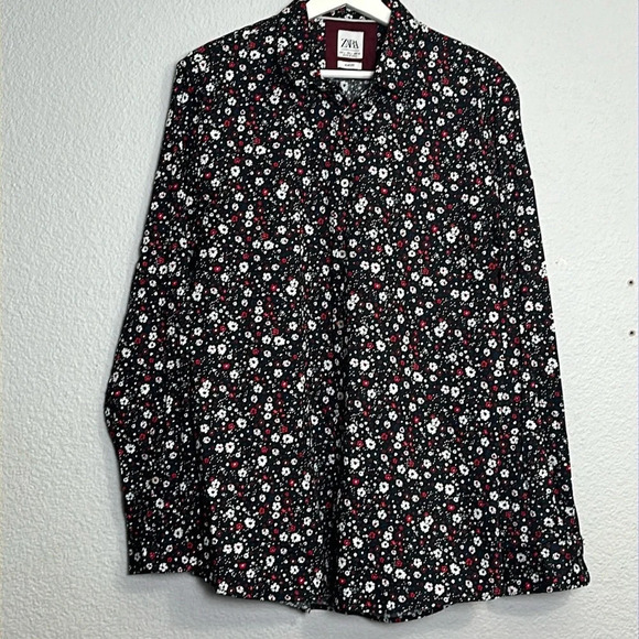 Zara Slim Fit Black Navy Floral Long Sleeve Button Down Men’s Size Large - Picture 4 of 12
